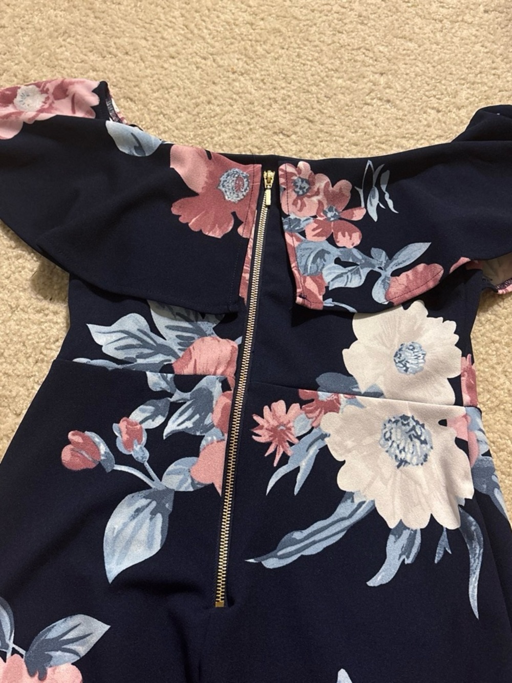 Premier Amour - Navy off-Shoulder Floral Midi Dress with Pink Blooms - Picture 5 of 6